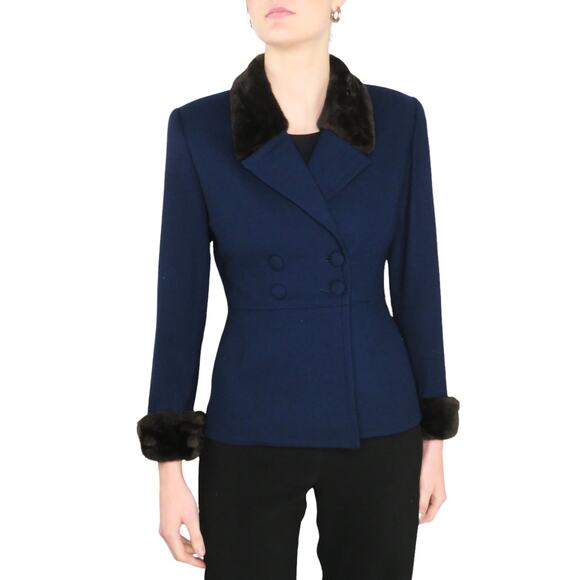 Noviello 1990s Vintage Blue Blazer Jacket with Fur Collar Formal Twee Small - Picture 2 of 8
